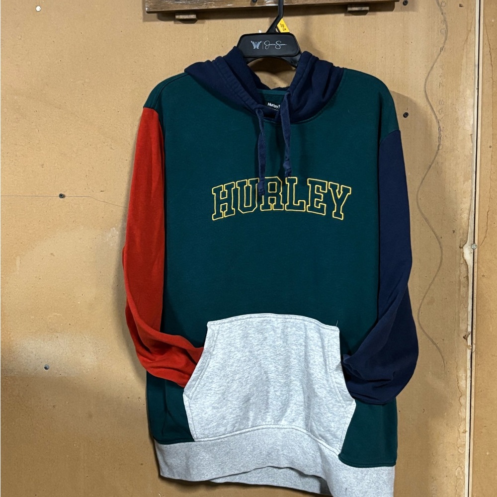 Hurley Men's Green and Red Colorblock Hoodie